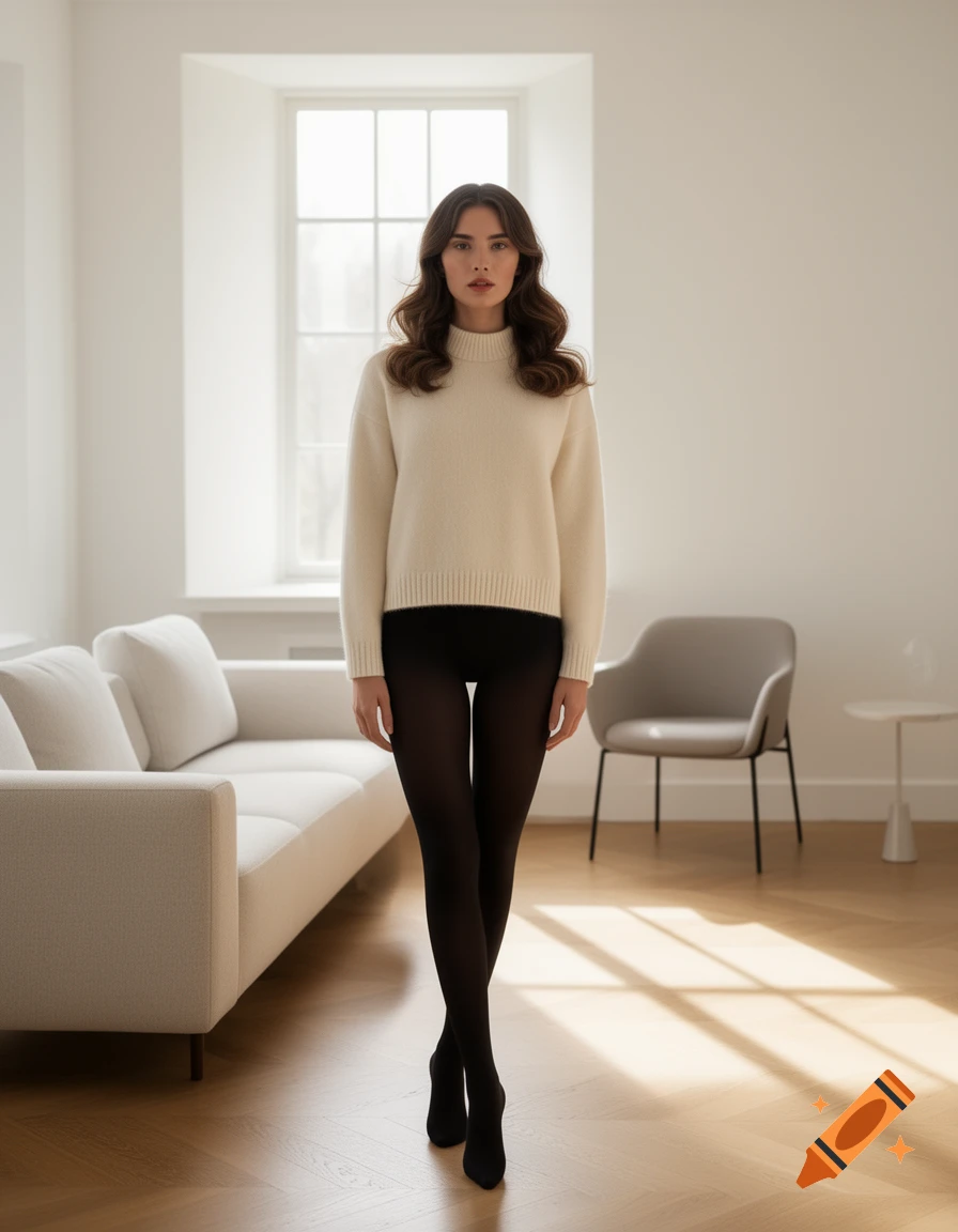 A photorealistic image of a woman in a cream turtleneck sweater and black tights standing in a bright, minimalist room.