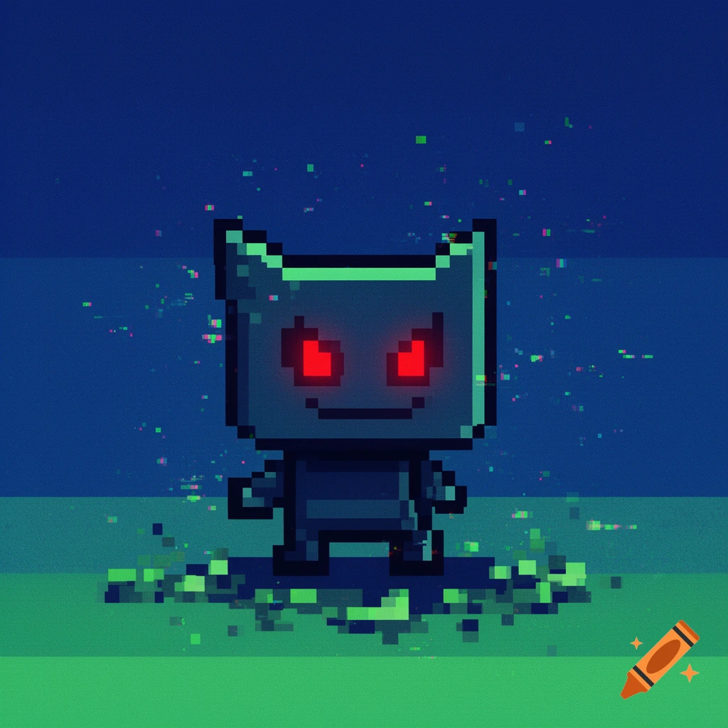 A small, dark grey pixel art enemy with glowing red eyes and a simple smile, surrounded by green and pink glitch effects, standing on a pixelated green ground against a dark blue background.