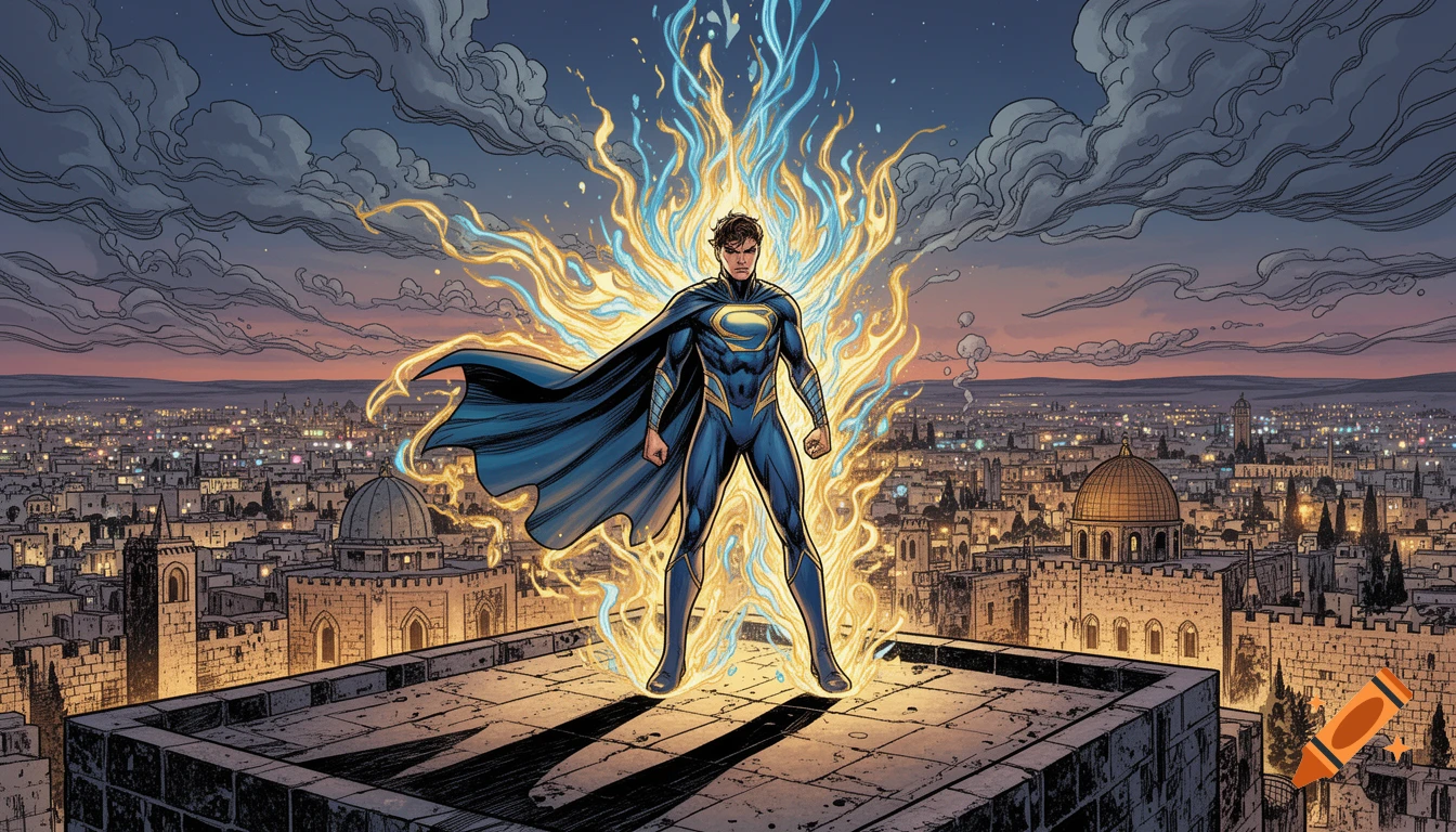 A comic art illustration of a young superhero Uriel, radiating golden and blue energy, standing on a rooftop overlooking the city of Jerusalem at twilight.