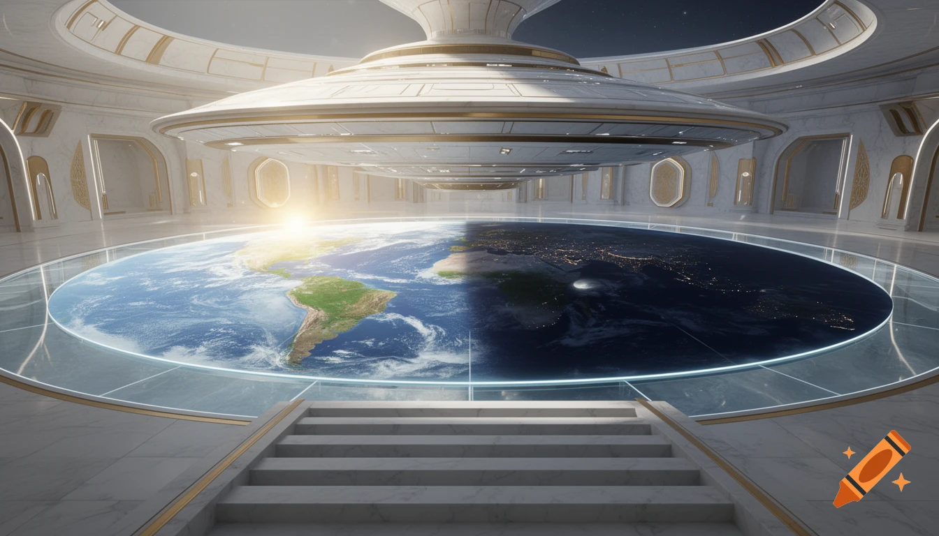 A grand, futuristic command center with a transparent floor revealing Earth from space, split by day and night.
