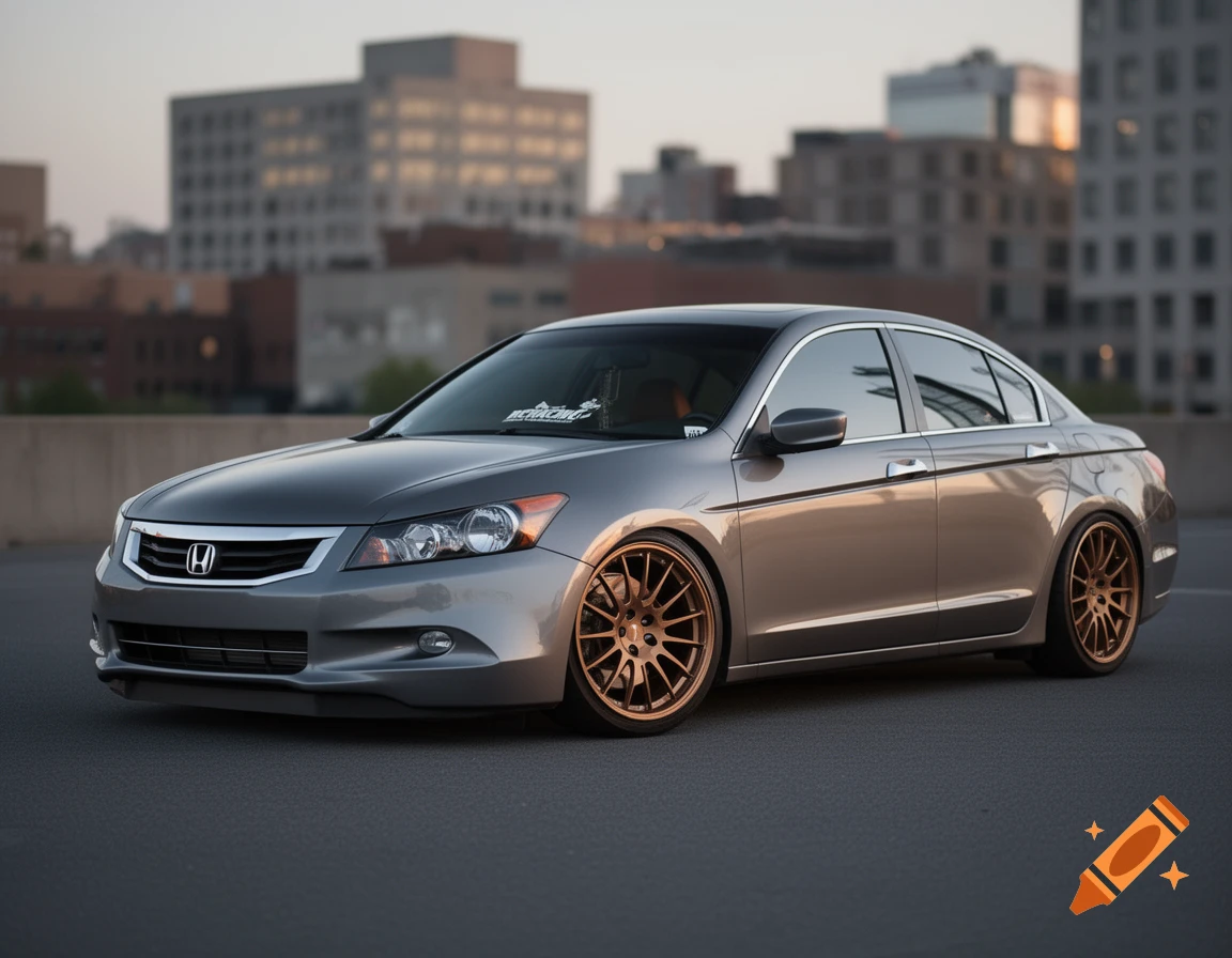 A gray Honda Accord sedan with bronze custom wheels parked on an asphalt surface, with blurred city buildings in the background.