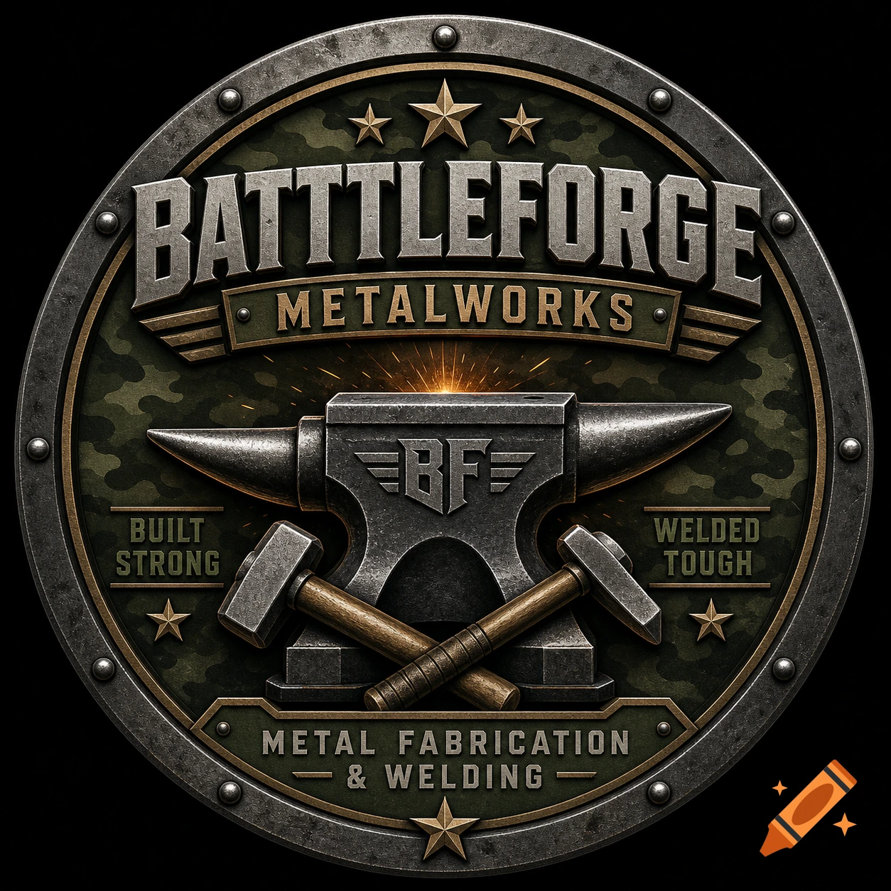 A rugged, circular military-themed logo for BATTLEFORGE METALWORKS, featuring an anvil, crossed hammers, and stars.