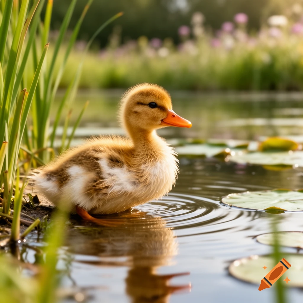 A cute, fluffy yellow and brown duckling stands at the edge of a pond with tall green grass and lily pads, its reflection visible in the water.
