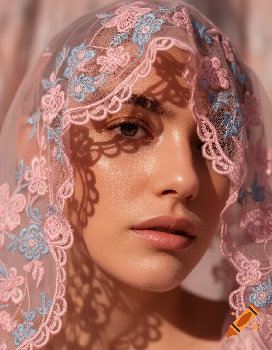Close-up photorealistic fine-art portrait of a woman's face partially covered by a sheer pink veil with blue floral embroidery and sharp shadows.