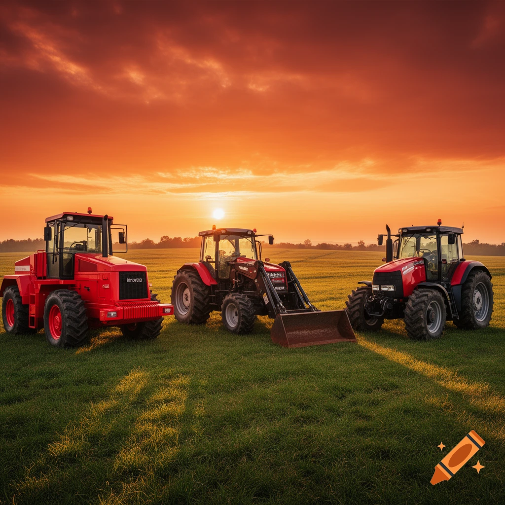 Three red farm tractors with large tires sit in a green field under a dramatic orange and red sunset sky.