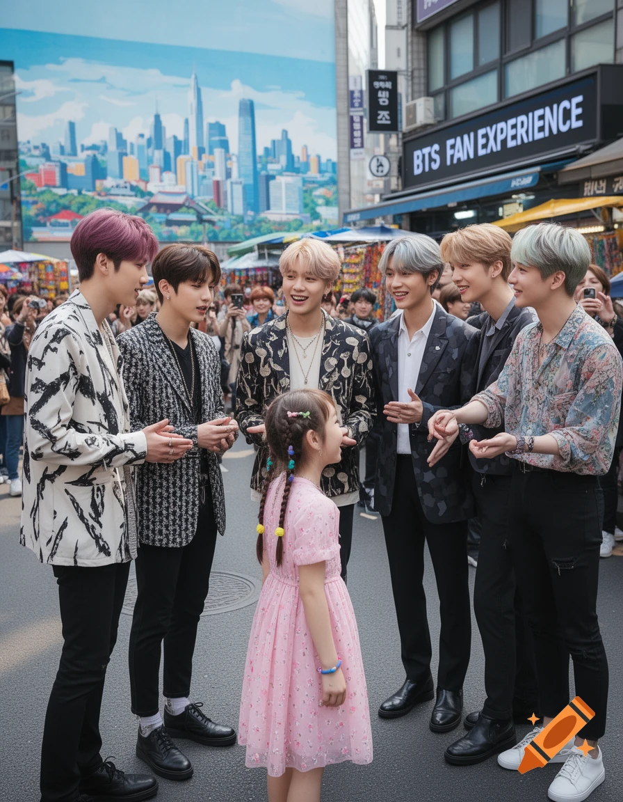 Seven K-pop idols, with a young girl in a pink dress, stand on a city street in front of a 'BTS FAN EXPERIENCE' sign and a mural.