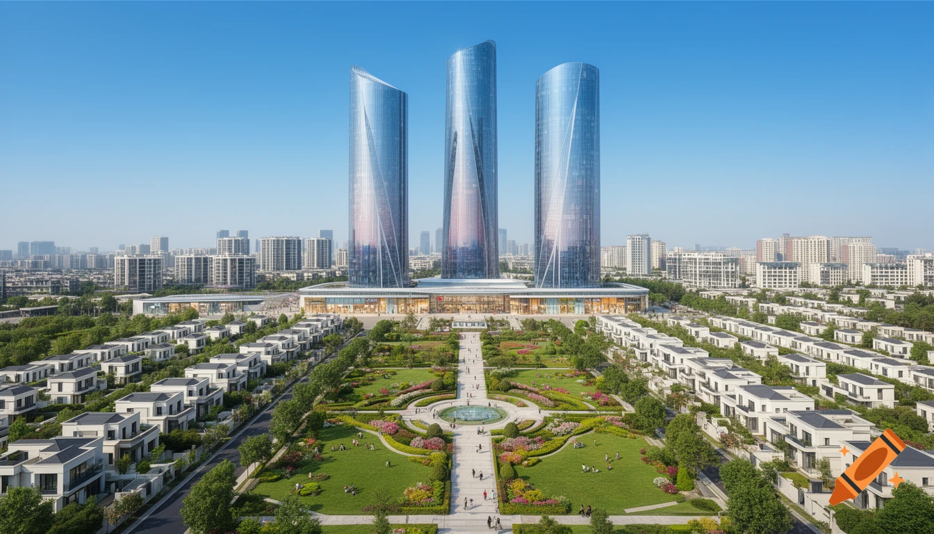 Aerial view of a modern city with three sleek glass skyscrapers, a central landscaped park with a fountain, and rows of white residential buildings.