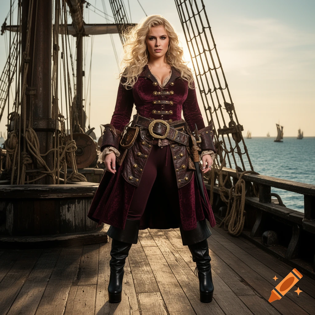 A blonde woman dressed as a pirate with a rich burgundy coat and leather details stands on a ship's deck at sunset.