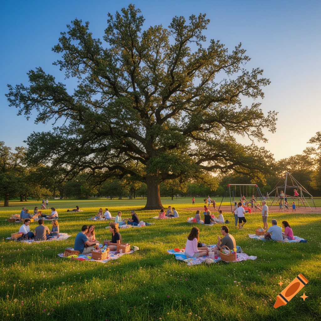 Many people enjoy picnics and children play in a sunlit park with a large tree and playground during sunset.