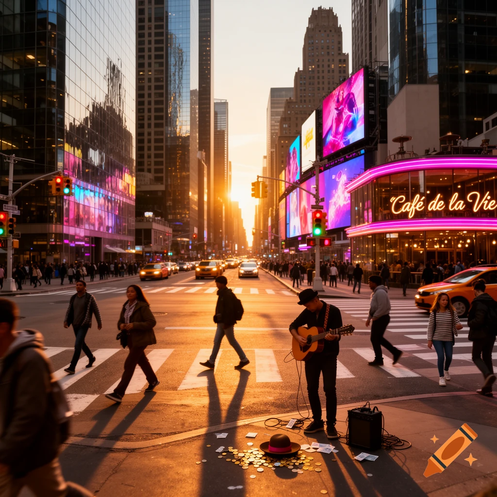 Photorealistic image of a busy city street at sunset with pedestrians, traffic, a street musician, and illuminated buildings.