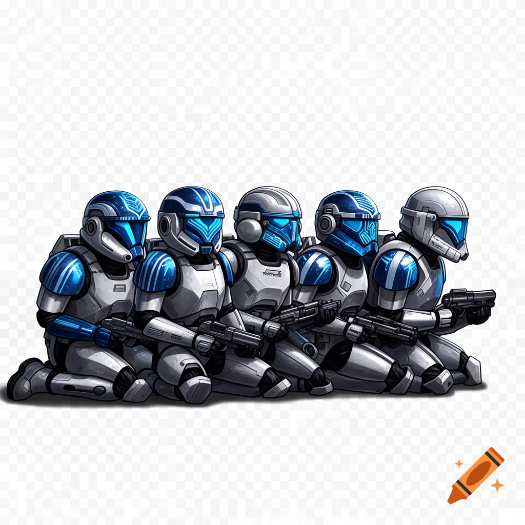 Five cartoon Star Wars-inspired armored soldiers in blue and grey, kneeling with guns, looking right.