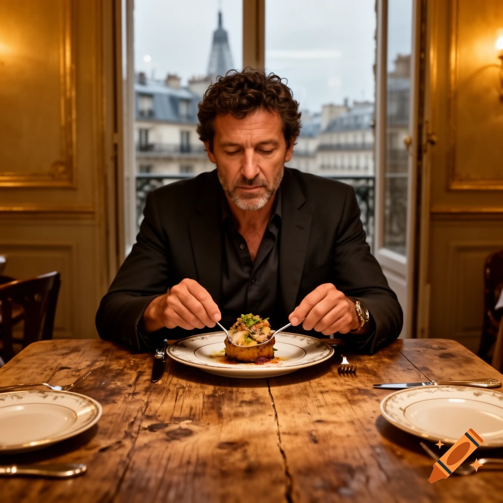 A man in a suit eats a gourmet meal in a fancy restaurant with a Parisian view outside a large window.