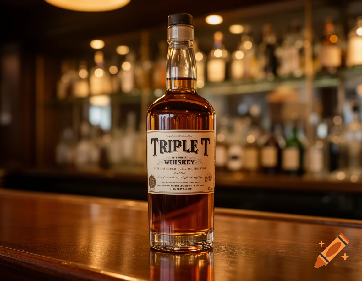 Photorealistic bottle of Triple T Whiskey on a shiny wooden bar counter with a blurred background of liquor bottles.
