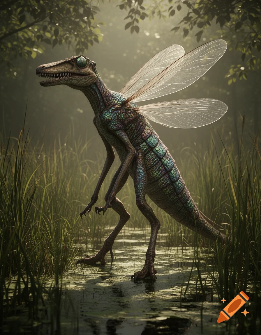 A photorealistic dinosaur-like creature with iridescent scales and large insect wings stands in a misty, grassy swamp.