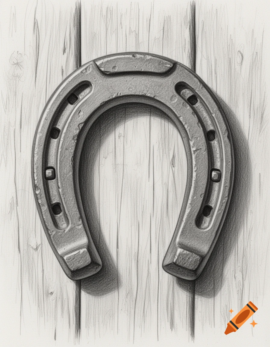 Pencil drawing of a grey metal horseshoe hanging on a textured wooden plank background.