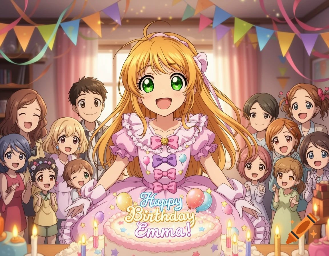 Anime birthday party with a blonde girl in a pink dress standing behind a cake that reads 'Happy Birthday Emma!' surrounded by smiling friends and family.