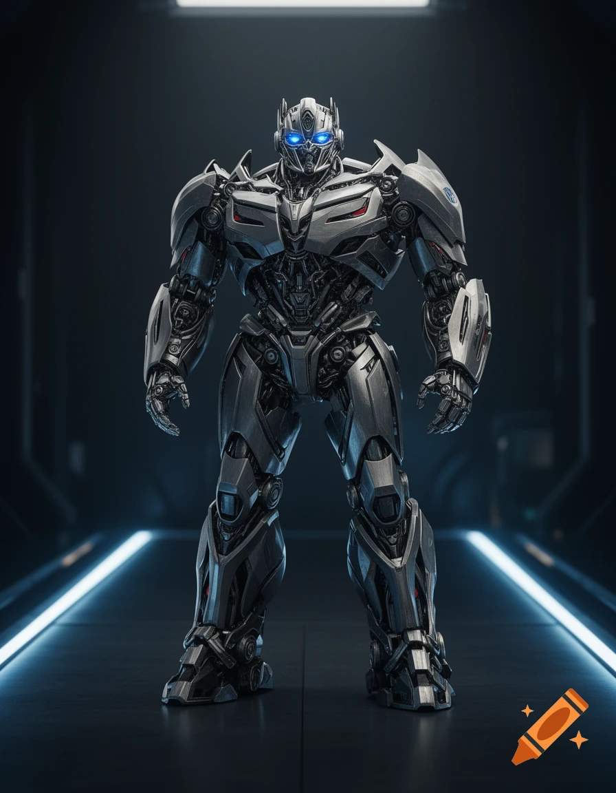 A detailed, photorealistic silver robot with glowing blue eyes stands in a dark futuristic hallway, in a heroic stance.
