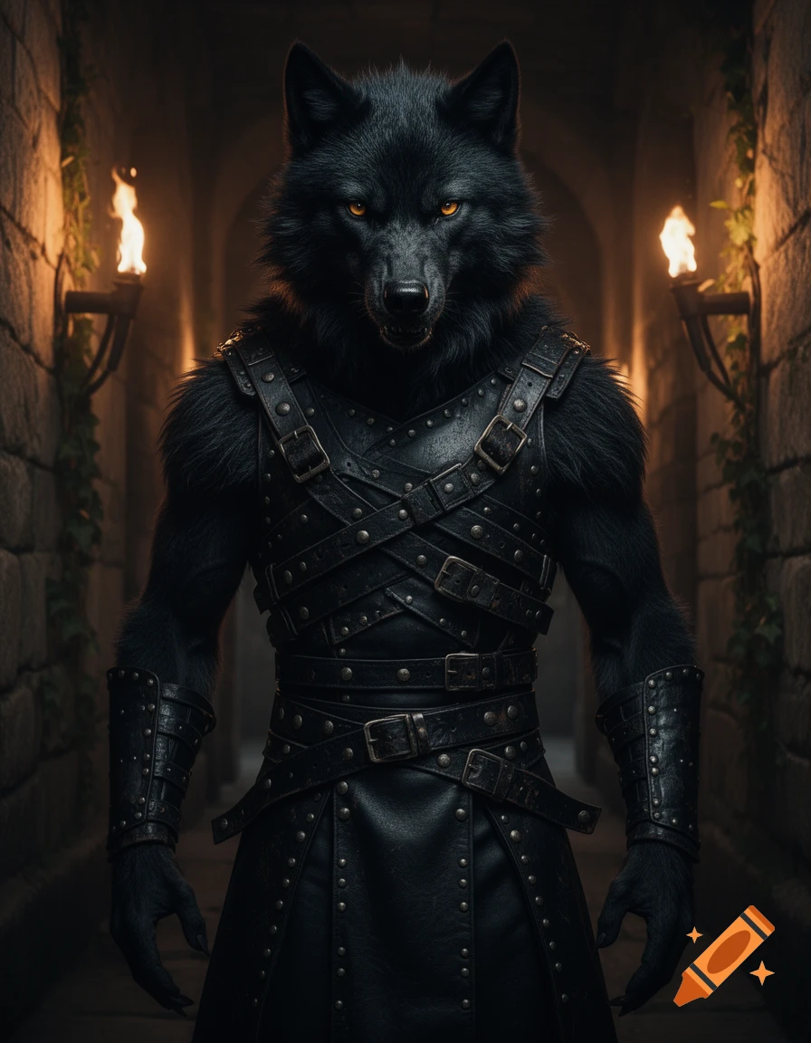 A photorealistic black werewolf in leather assassin armor with glowing orange eyes stands in a dark stone corridor lit by torches.