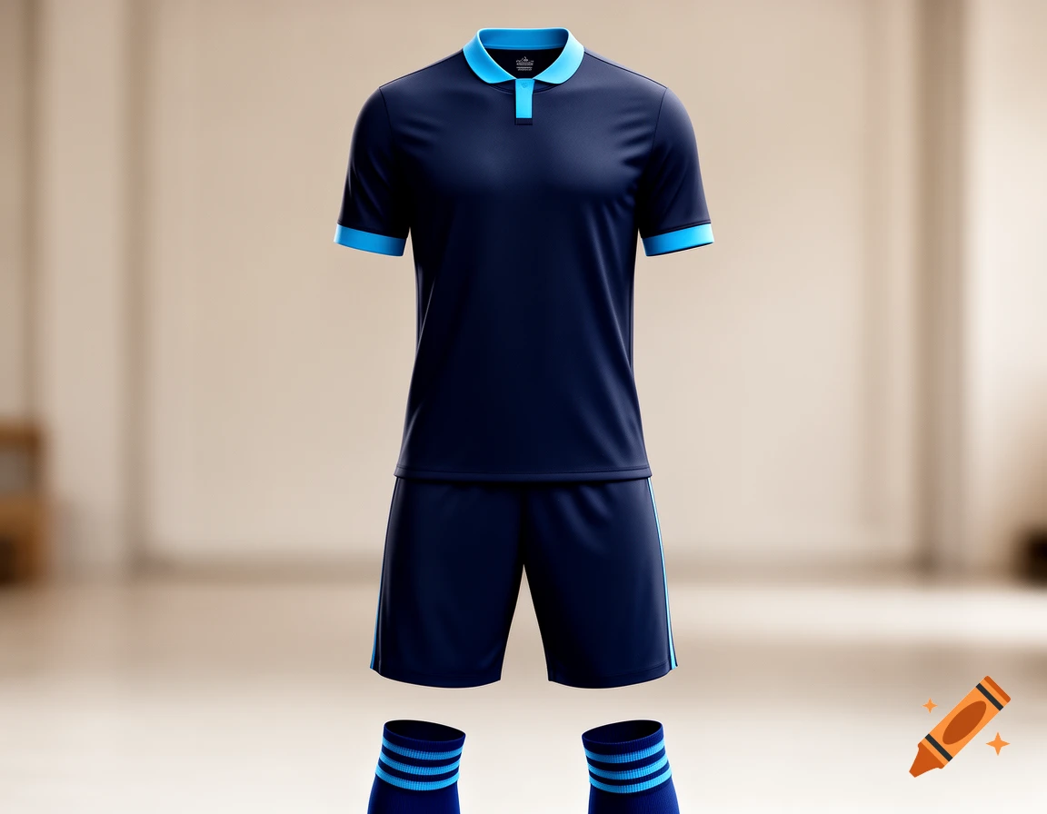 A dark blue football kit with light blue collar and cuffs, matching shorts, and socks, displayed against a blurred beige background.