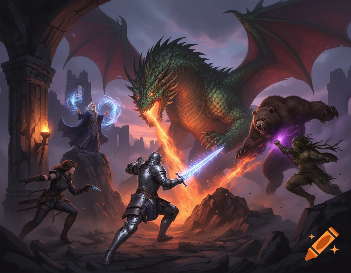 A fantasy scene with a wizard, knight, rogue, and bear battling a fire-breathing green dragon in ancient ruins at sunset.