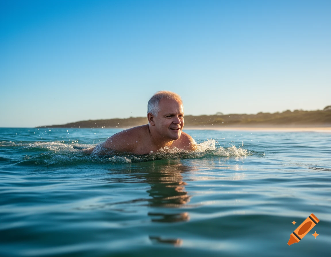 Man with grey hair swimming in clear blue ocean at sunset, body half submerged, creating splashes around him.