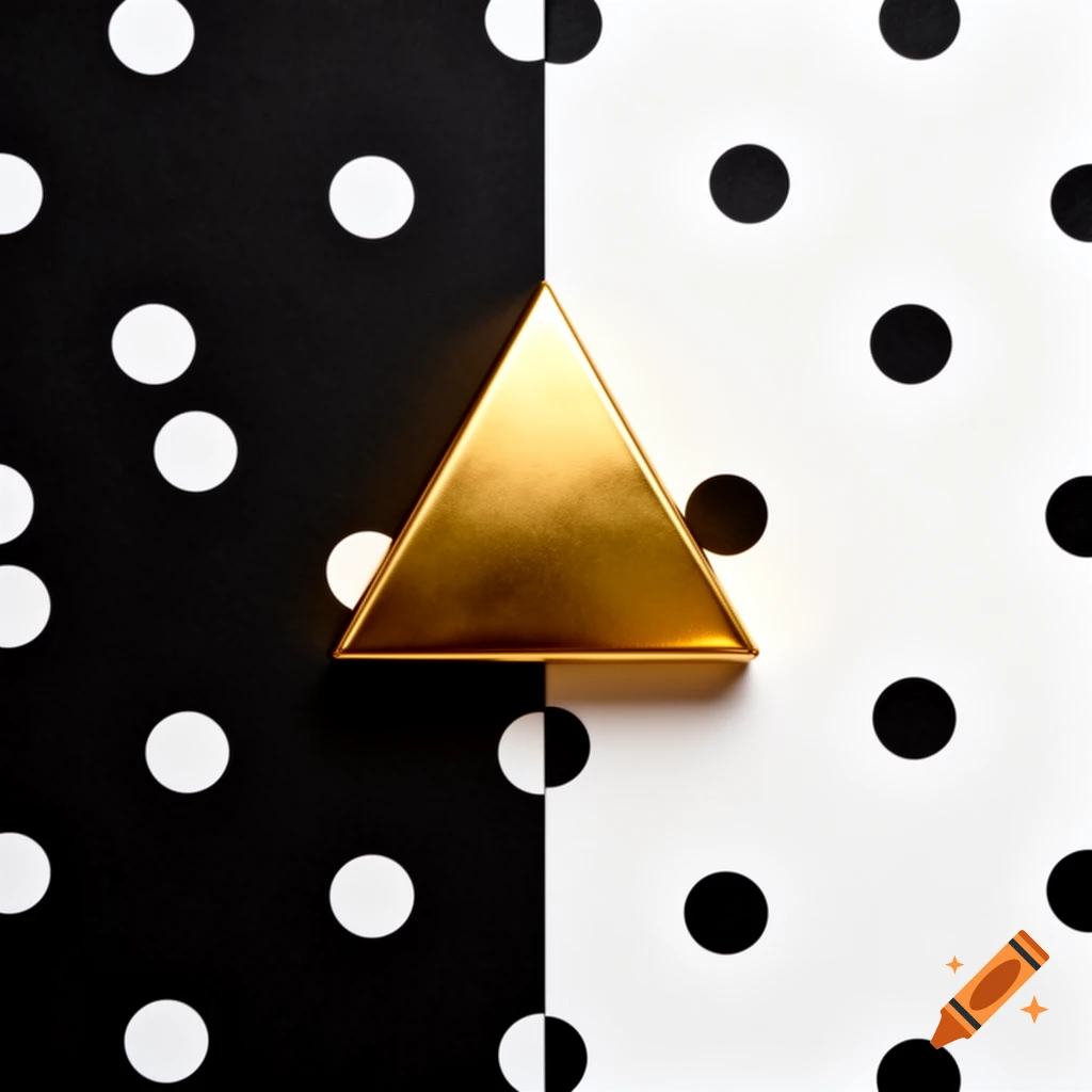 A shiny golden triangle centered on a background split into black with white polka dots and white with black polka dots.