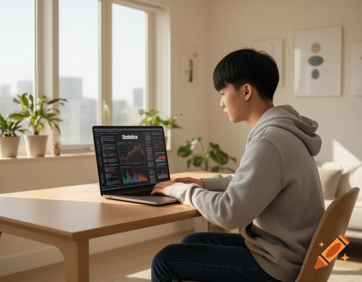 A young person sits at a desk, focused on a laptop displaying statistics graphs in a bright room with plants, photorealistic.