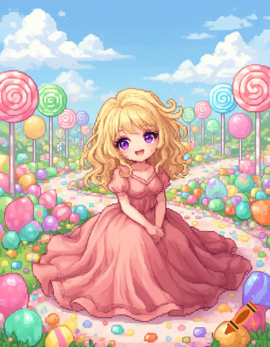 Cute blonde anime girl in a pink dress sits smiling amidst colorful candies and lollipops in a pixel art candy land.