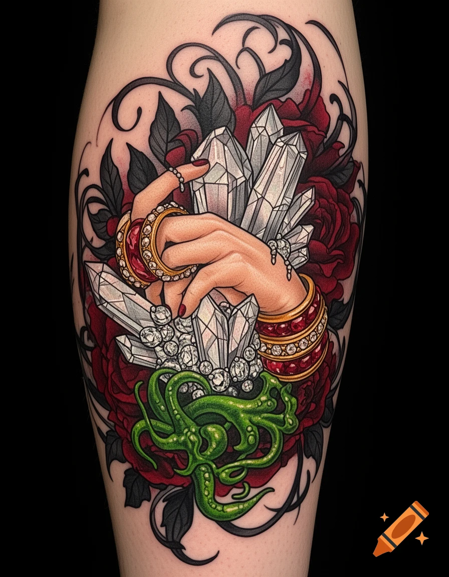 Neotraditional tattoo of a hand wearing rings, holding clear crystals, surrounded by red roses and green tentacles.