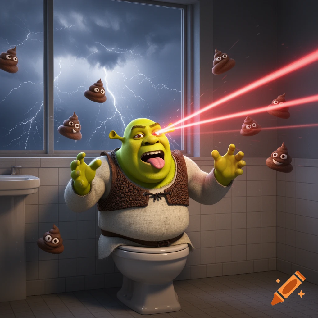Shrek on a toilet with laser eyes and tongue out, surrounded by cartoon flying poop, lightning storm visible outside a bathroom window.