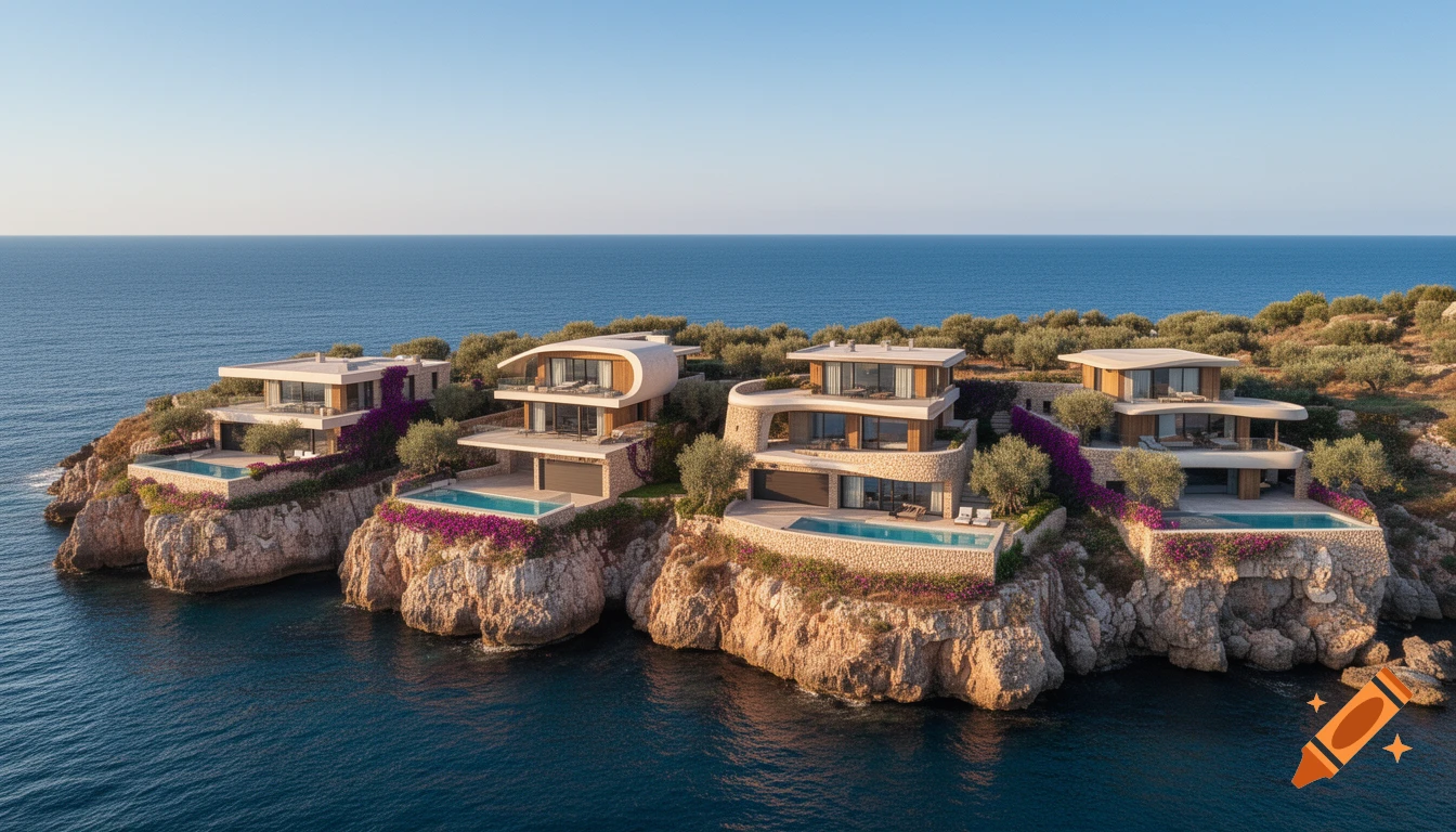 Modern cliffside houses with terraces and pools overlooking the ocean, surrounded by olive trees and purple bougainvillea.