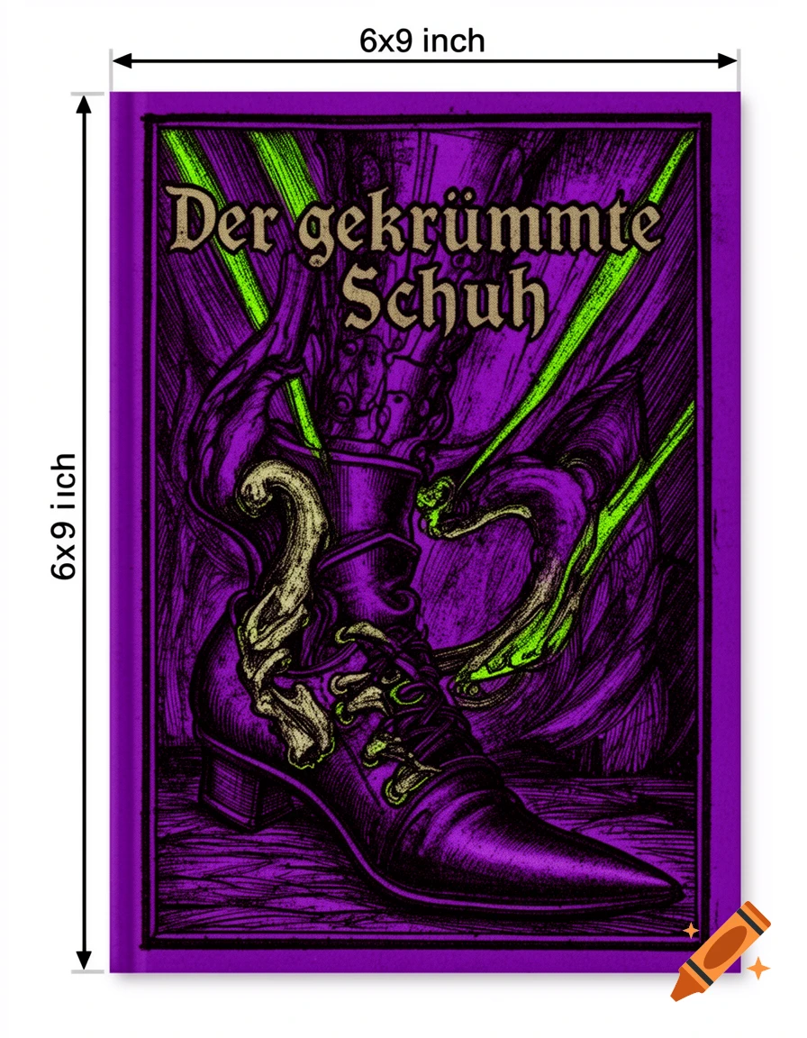 A gothic book cover titled 'Der gekrümmte Schuh' depicting a grotesque, distorted purple boot with sickly green accents in a woodcut style.