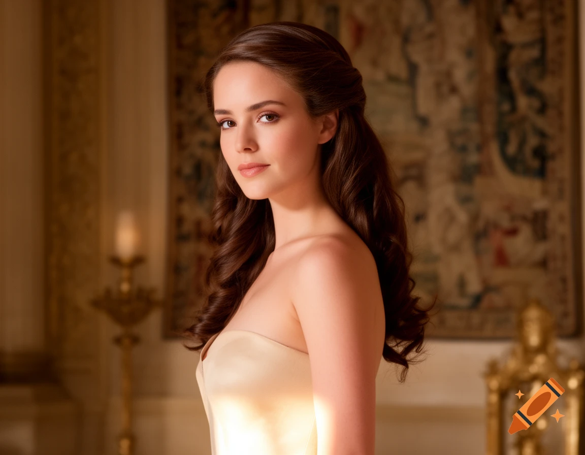 A beautiful woman with long brown hair looks at the camera in a warmly lit elegant room.