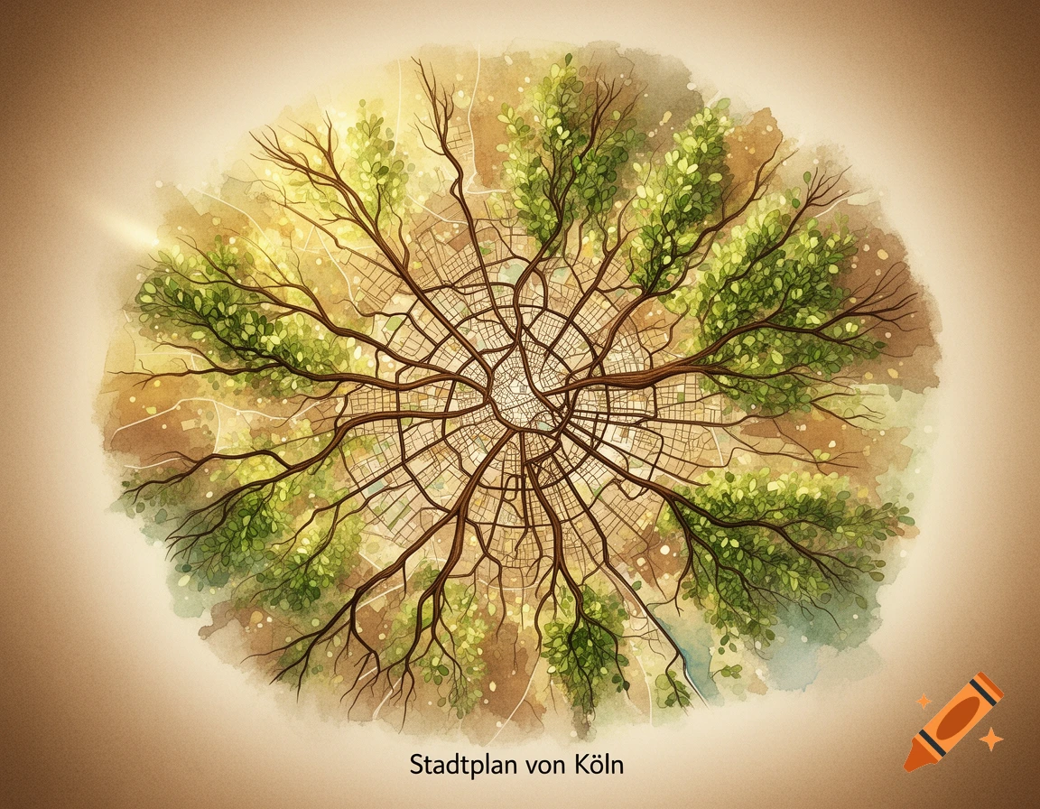 Watercolor map of Cologne with streets as tree branches and green leaves, against a sepia background.
