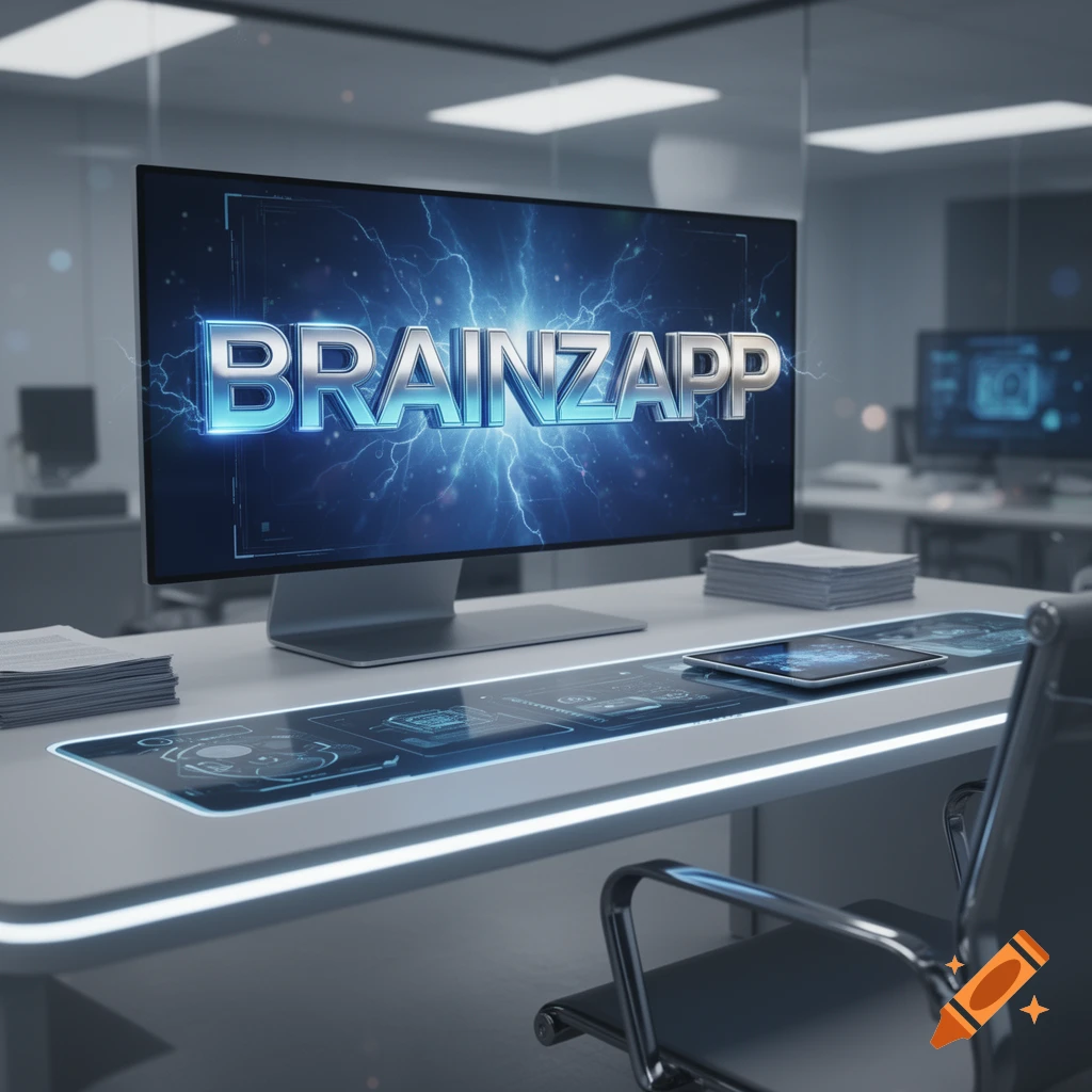 Photorealistic image of a computer monitor displaying 'BRAINZAPP' with lightning, on a modern office desk with glowing blue tech elements.