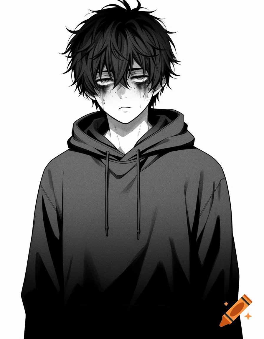 Manga-style portrait of a melancholic teenage boy with messy dark hair, dark circles, and tear streaks, wearing a dark oversized hoodie.