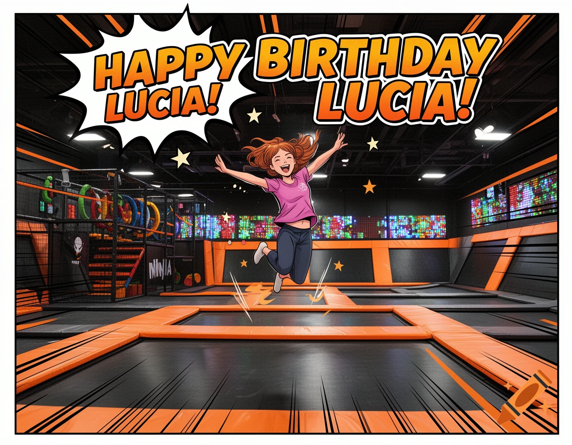 Pop-art comic of a happy girl in a pink shirt jumping on a trampoline in an indoor park, with 'HAPPY BIRTHDAY LUCIA!' in a speech bubble.