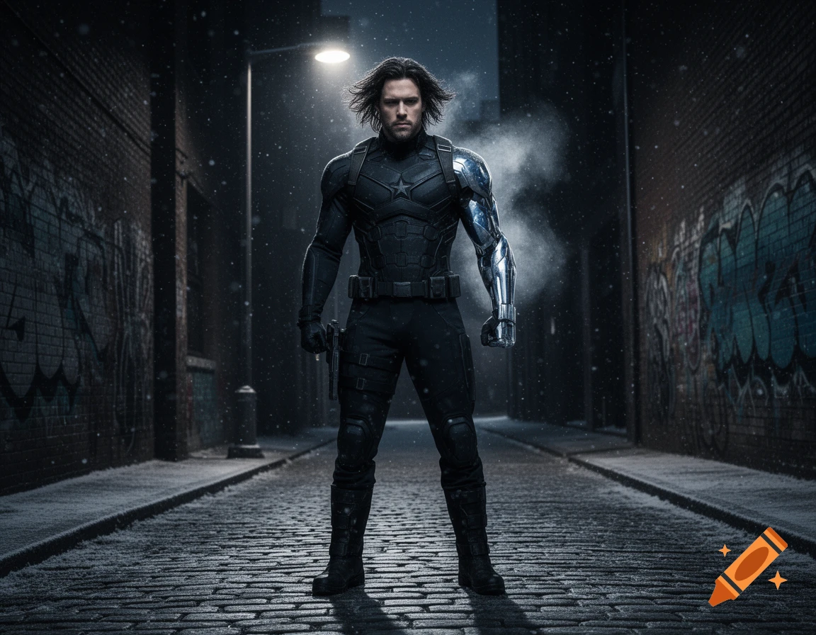 The Winter Soldier stands in a dark, snowy alley with graffiti on the brick walls, lit by a streetlamp.
