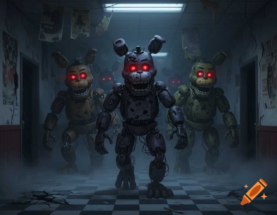 Scary Five Nights at Freddy's animatronics with glowing red eyes emerge from a smoky, dilapidated hallway.