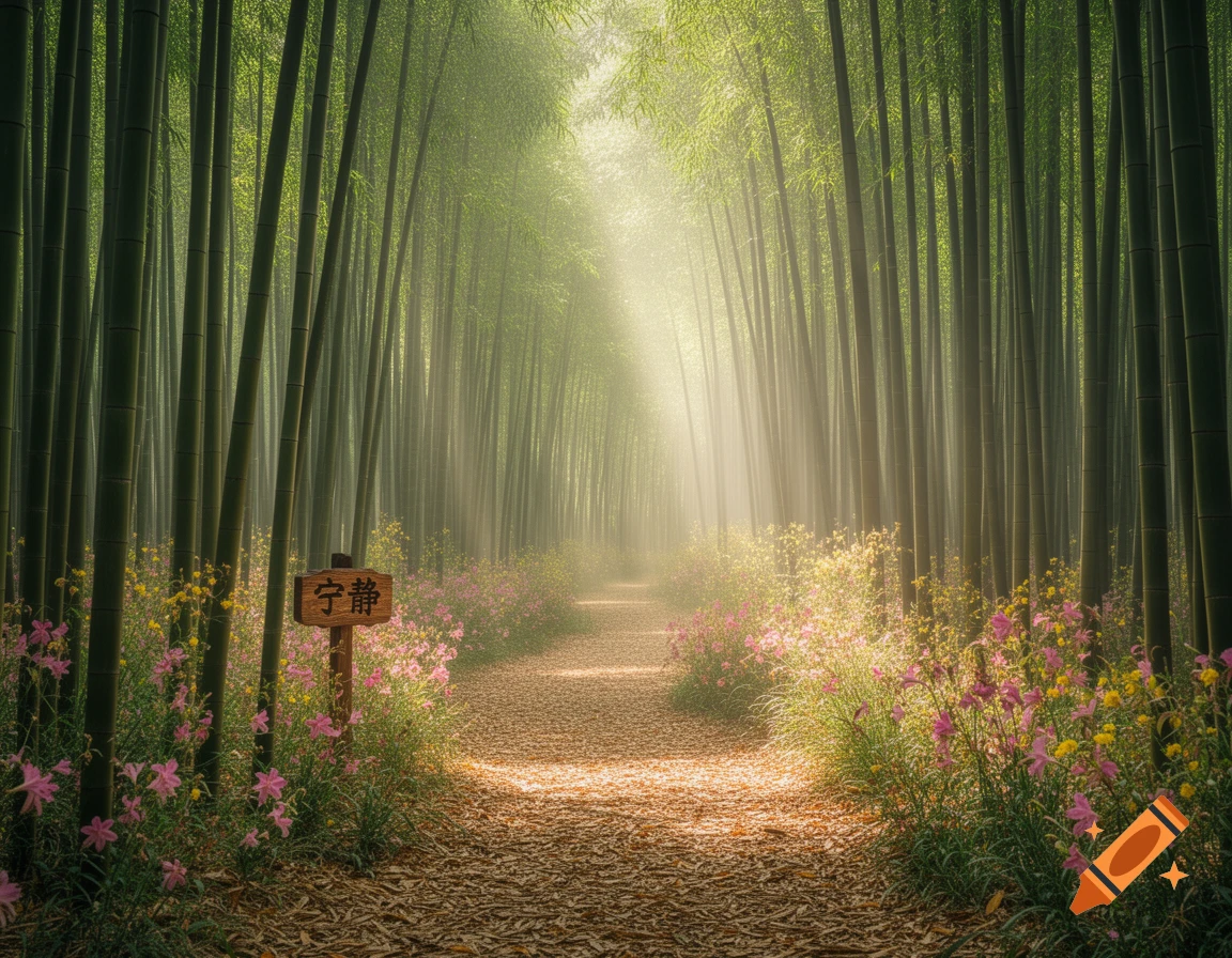 A sunlit path winds through a dense bamboo forest with a wooden sign, surrounded by pink and yellow wildflowers.