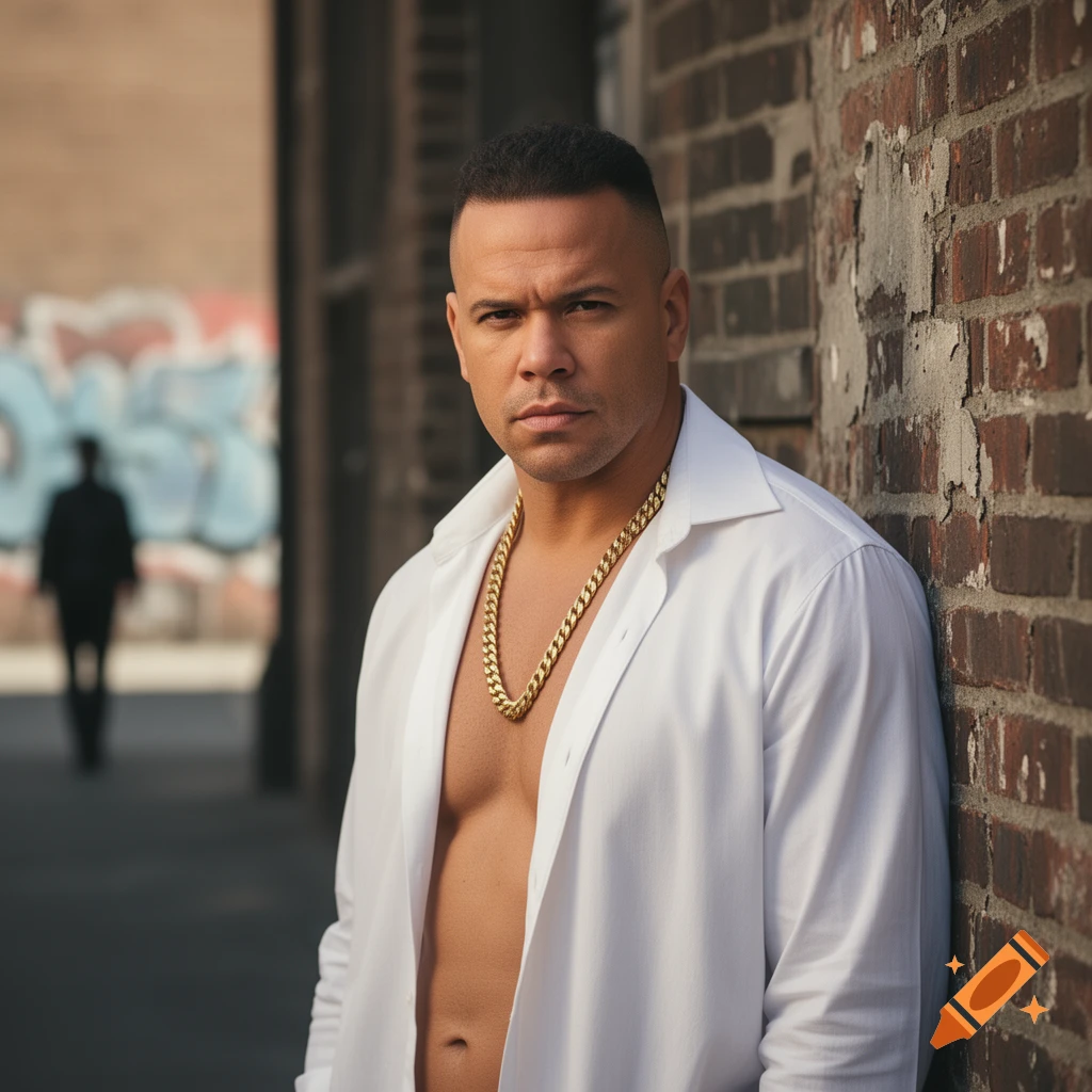 A man in an open white shirt and gold chain leans against a brick wall with graffiti in an urban setting.