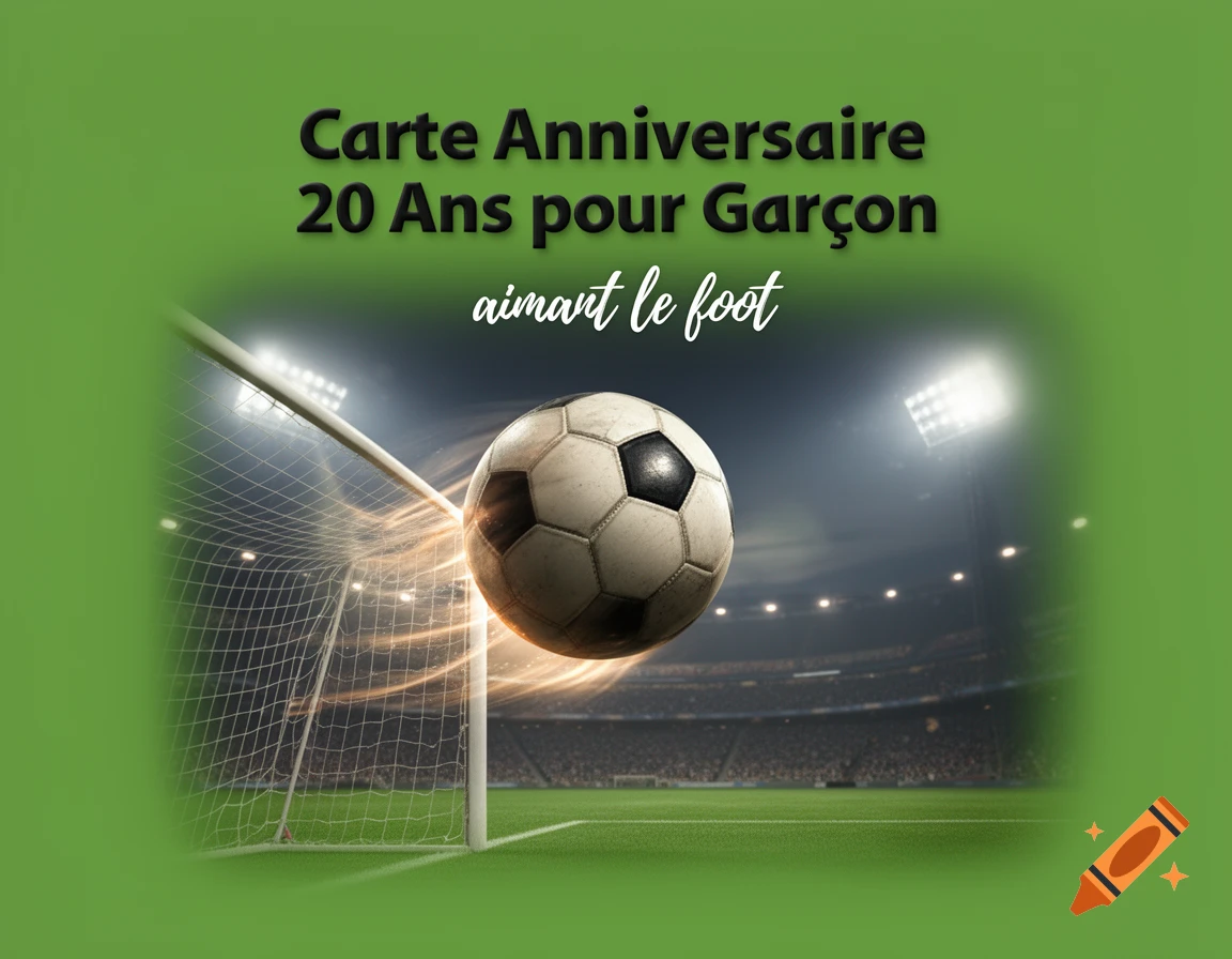 Birthday card with French text "Carte Anniversaire 20 Ans pour Garçon aimant le foot" over a football in a stadium goal.