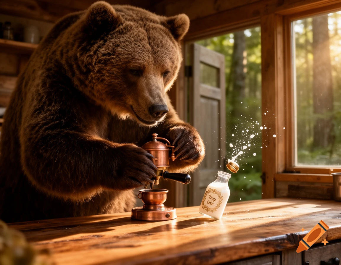 A photorealistic image of a large brown bear making coffee with a small exploding milk bottle in a rustic cabin.
