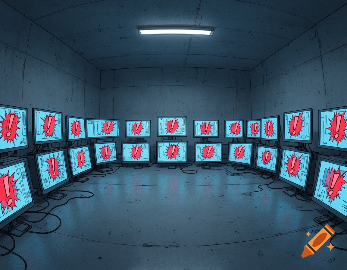 Cartoon illustration of a room with concrete walls and floor, filled with multiple computer monitors all displaying red exclamation marks.