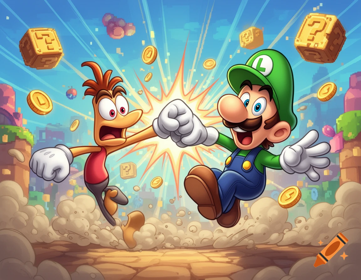 Rayman and Luigi fist-bumping in a vibrant cartoon video game world with floating coins and question mark blocks.