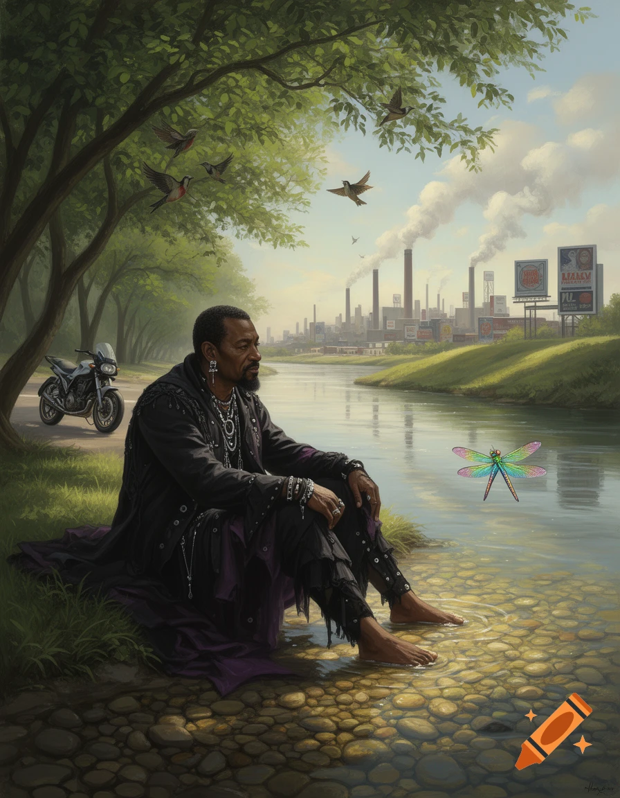 A painting of an African American man in goth attire resting on a river bank, his feet in the water, with an industrial city in the distance.
