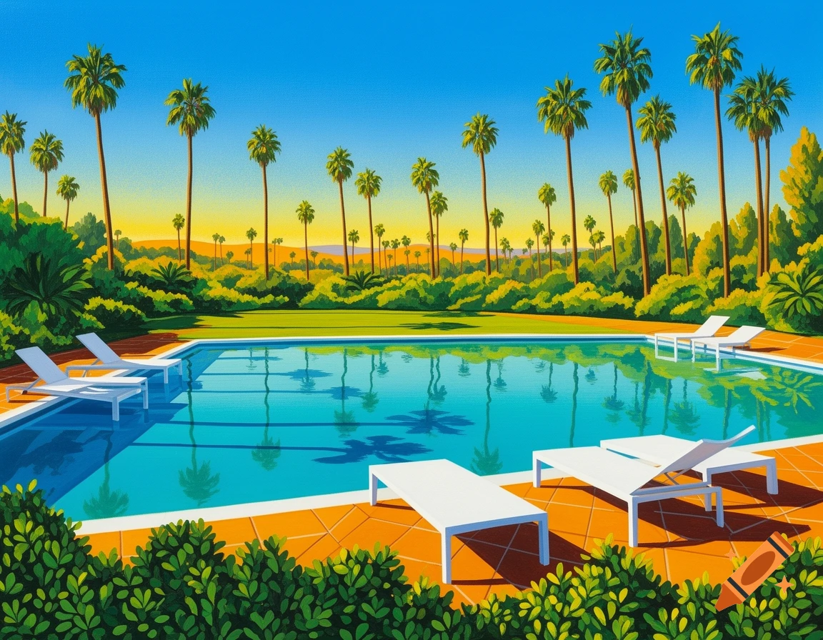 A vibrant David Hockney style painting of a swimming pool with white sun loungers surrounded by lush green bushes and tall palm trees under a bright blue sky.