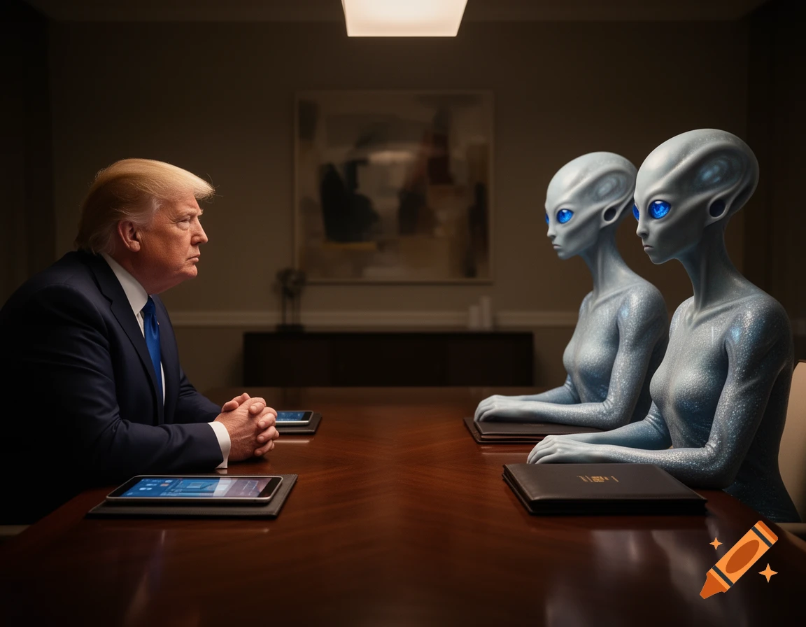Donald Trump sits at a table across from two gray-skinned, blue-eyed aliens in a dimly lit meeting room.