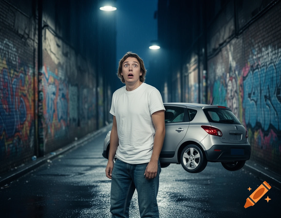 A surprised man in an alleyway looks shocked as a silver car floats behind him in this photorealistic image.