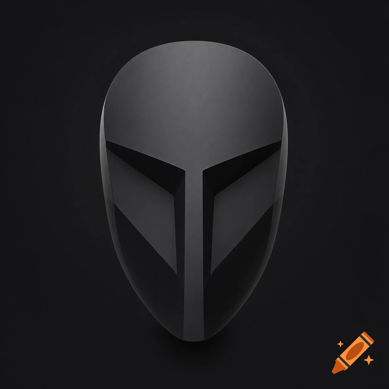 A sleek, dark gray, abstract faceless mask sculpture with minimalist lines on a black background.
